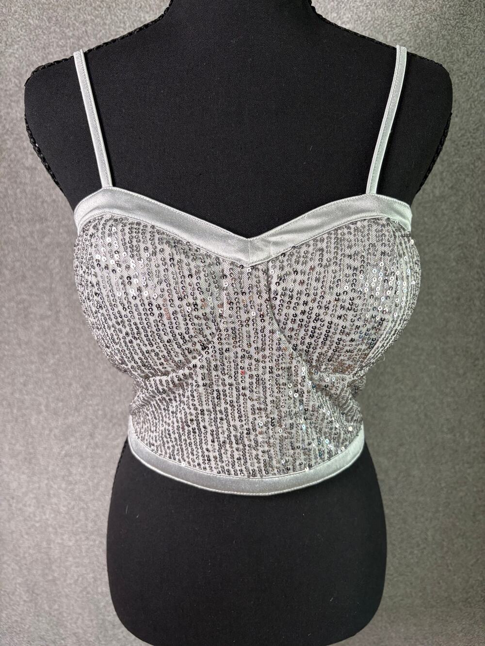 Madden NYC Silver Sequin Bustier Corset Top L Y2K Party